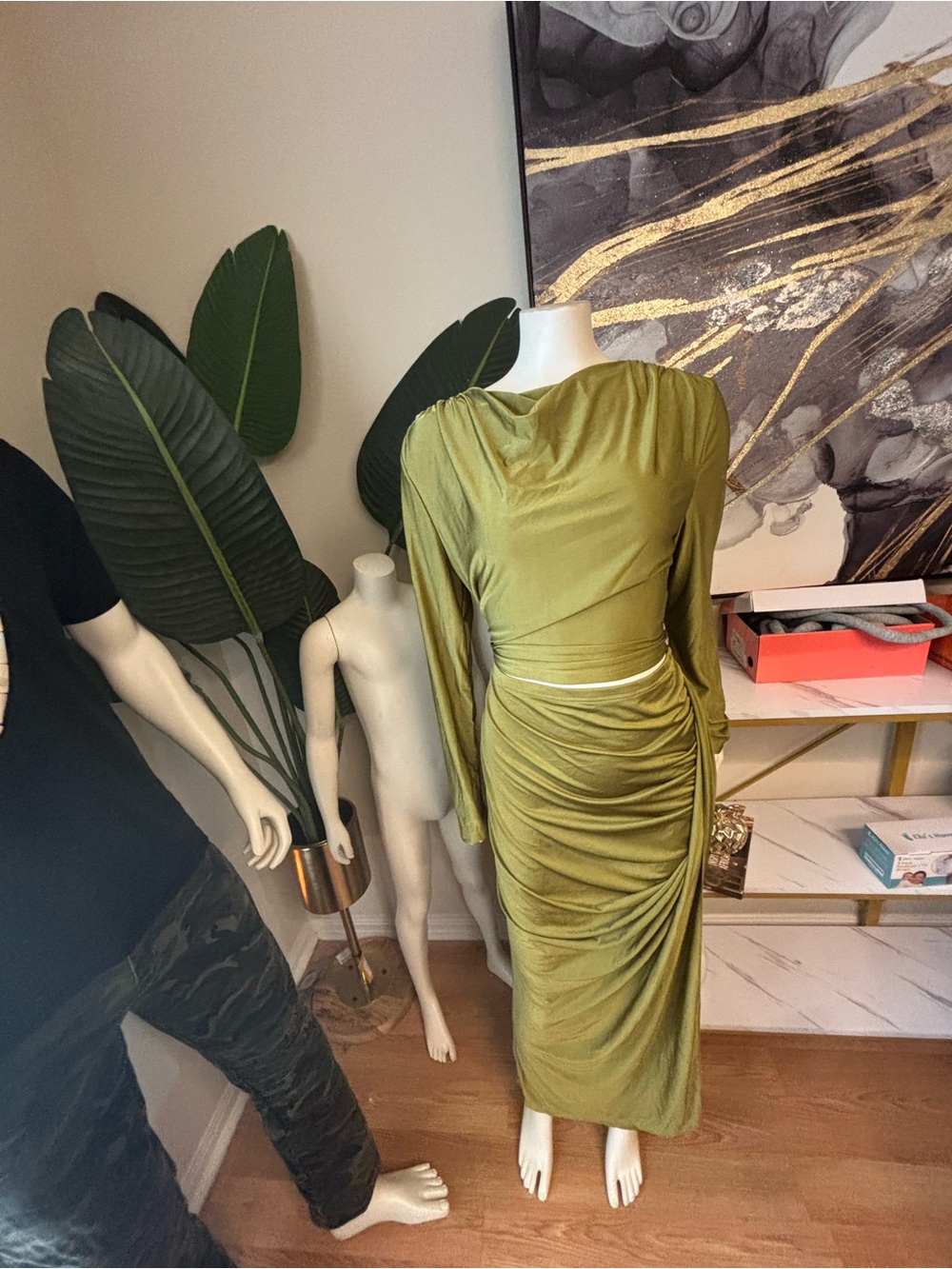 Olive Green Draped Long Sleeve Midi Dress